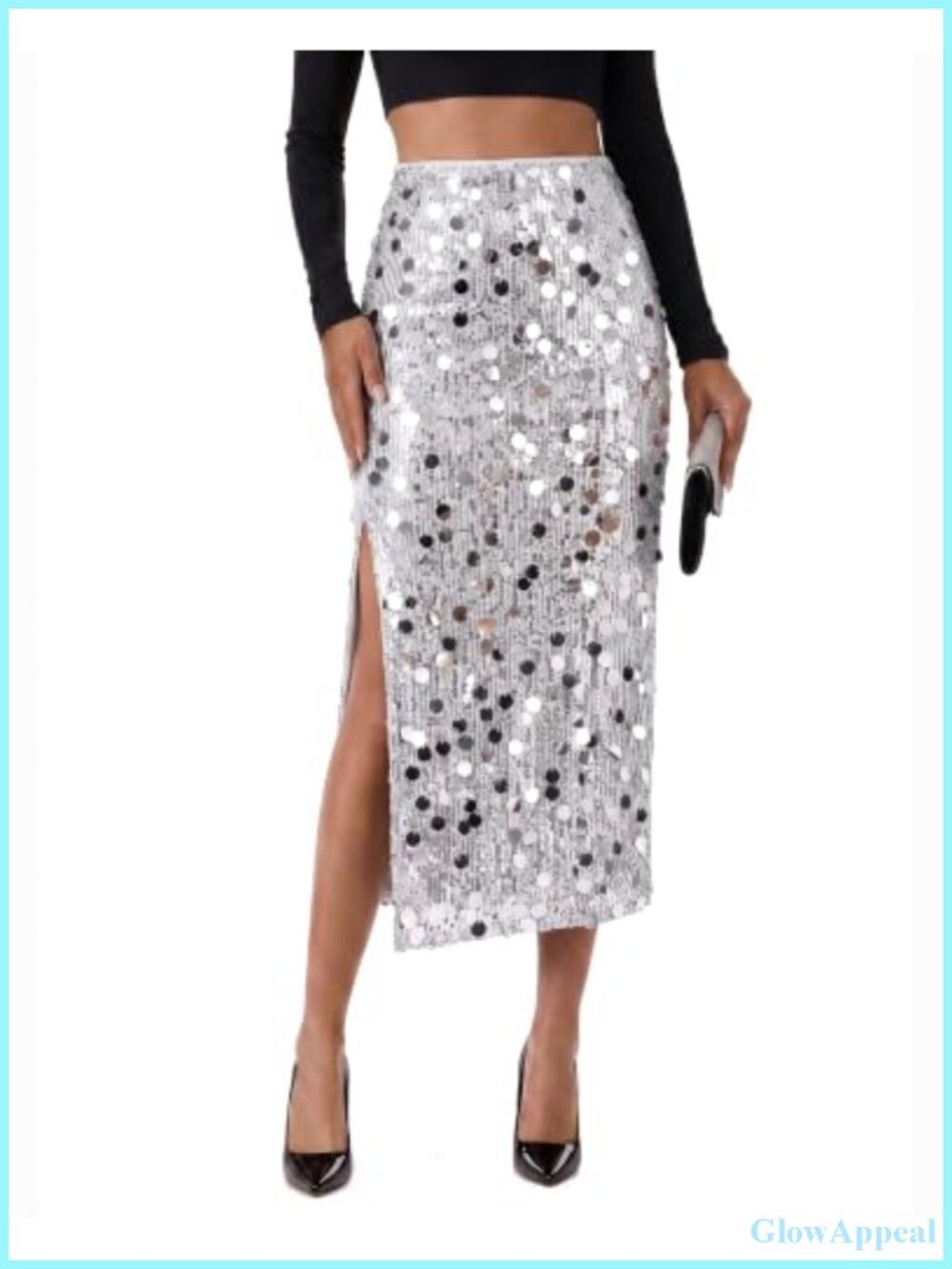 Sequin Midi Skirt High Slit Stretchy Bodycon Party Cocktail